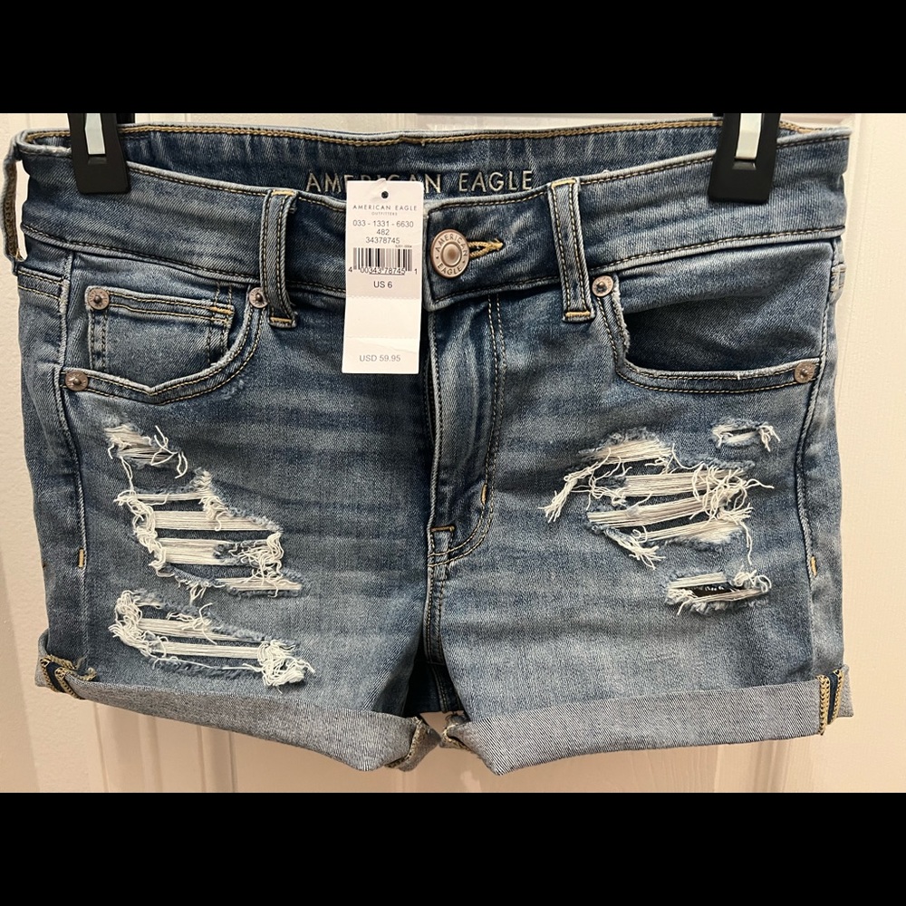 New with tag, American Eagle Outfitters size 6 stretch denim distressed shorts
